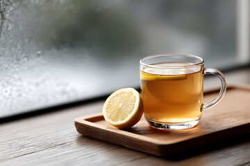 winter morning tea, morning relaxation with a glass mug of herbal tea with lemon and honey on a wooden tray by the frosted window