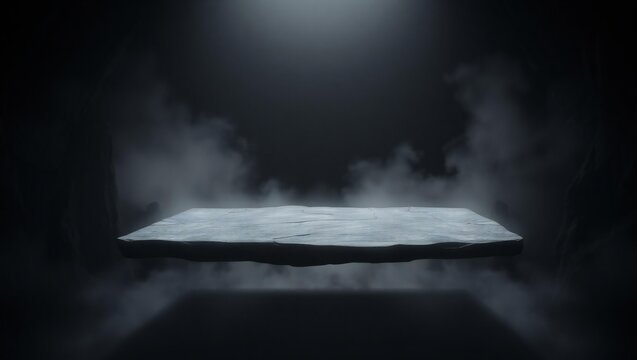 Mysterious floating stone platform with ethereal smoke and dramatic spotlight - Powered by Adobe