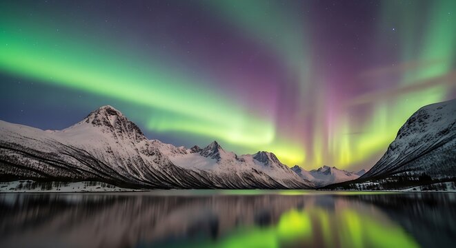 Aurora Borealis Over Snow- Capped Mountains Reflected in a Calm Lake northern lights night
