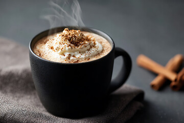 comforting winter drink, hot chocolate with cream and cinnamon creates a cozy winter vibe