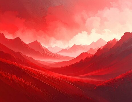 Stylized, vivid landscape of red mountains and a red sky with clouds