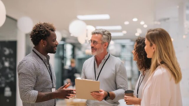 Four colleagues engage in a productive conversation, sharing insights and planning projects in a bright, open workspace. Their cooperation highlights creativity and effective communication