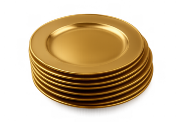 Stack of shiny gold plates creating a luxurious dining and wealth concept, empty golden dinnerware