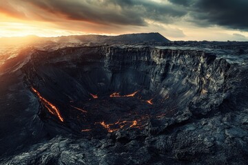 Fototapeta premium Volcanic crater's fiery interior at sunset.