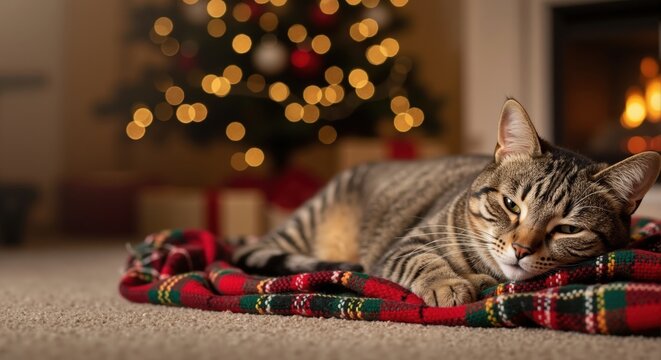 A cute tabby cat relaxing on a plaid blanket during Christmas. Cozy holiday scene with a pet by a warm fireplace and festive tree