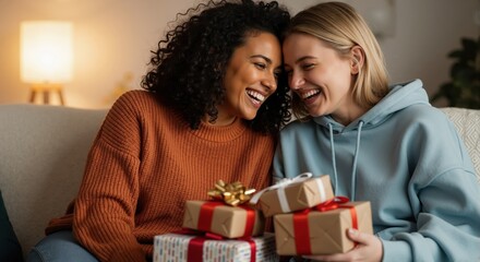 Happy diverse female couple laughing together while exchanging gifts. Two women celebrating a holiday or birthday at home on the couch