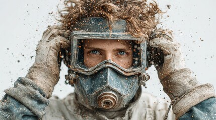 Intense close-up of a determined survivor wearing a dusty gas mask, eyes piercing through the grit, conveying resilience amidst environmental challenges.