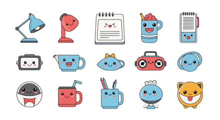 Cartoon illustrations of various objects with friendly and cheerful expressions