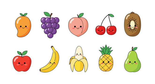 Cartoon fruits collection with happy smiling faces isolated on white background