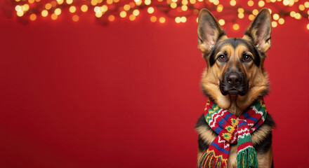 A German Shepherd dog wearing a festive scarf for a Christmas portrait. Holiday pet on a red background with bokeh lights and copy space