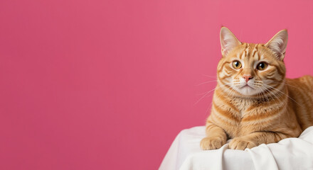 Cute ginger cat looking at the camera on a pink background. Adorable tabby pet portrait with copy space for text