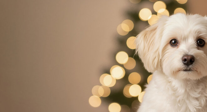 Adorable white Maltese dog posing for a Christmas portrait. Cute puppy with festive bokeh lights in the background and copy space for text
