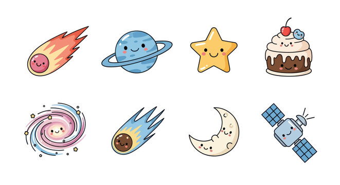 Cartoon planets and celestial objects with smiling faces for education