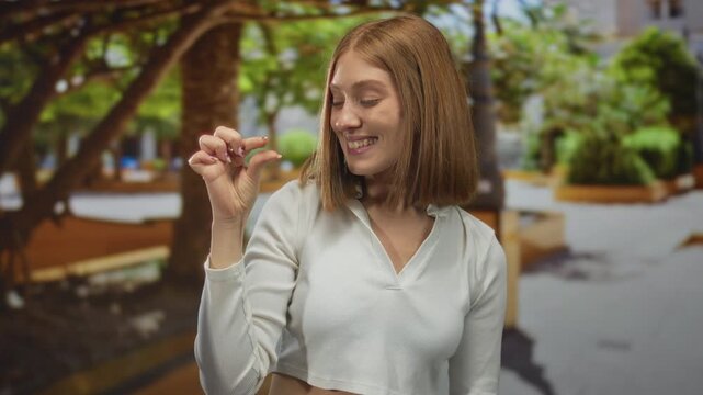 Young blonde woman pinches thumb and forefinger in sunlit city park; precision minimalism focus clarity.