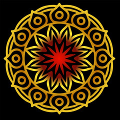 Golden and red mandala with intricate circular symmetry and ornate geometric details on a dark background.