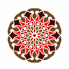Brown and red floral mandala with layered symmetrical petals forming an elegant ornamental circular pattern.