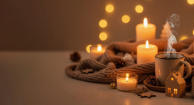 Cozy winter scene with a steaming hot drink and glowing candles. Hygge concept for Christmas holidays with warm home decor. Festive background with copy space