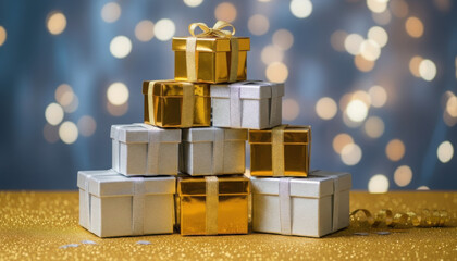 Sparkling gold and silver gift boxes stacked on glitter surface