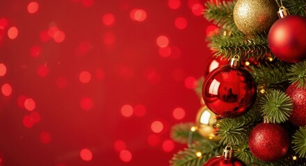 Red and gold Christmas ornaments on a fir tree branch. Festive holiday background with red bokeh lights and copy space