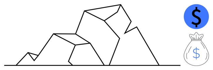Geometric mountains symbolize challenges and growth. Dollar sign and money bag represent financial goals. Ideal for success, strategy, economics, saving, wealth planning, finance, simple flat