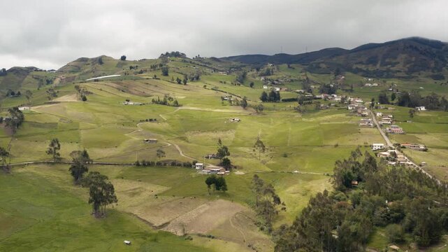 Farms and fields in the Andes in Ecuador, drone aerial view