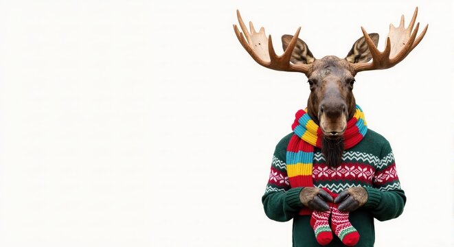A funny moose in a Christmas sweater and colorful scarf. Anthropomorphic animal character holding knitted socks for the holidays. Isolated on white background with copy space