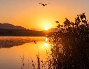 Sunrise over serene lake with bird, reeds, and mountain backdrop