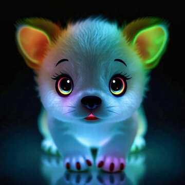 Kawaii Neon Welpe &ndash; S&uuml;&szlig;er 3D Hund im Dunkeln, Cute Neon Puppy &ndash; Glowing Cartoon Dog, Bunte Tierfigur &ndash; Adorable Toy Pup with Big Eyes