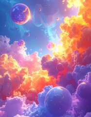 Obraz premium Surreal dreamscape with celestial orbs and vibrant, fluffy clouds