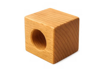 Wooden block cube having a round hole in it, showing natural wood grain and organic texture on transparent background