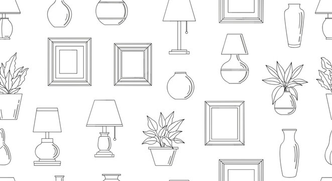 Seamless pattern with vases lamps and frames in black and white style