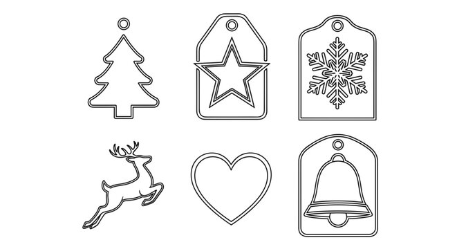 Outlined christmas themed tags with tree star snowflake reindeer