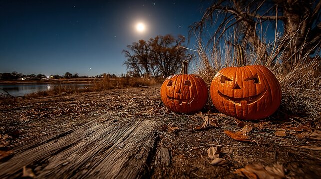 Two carved pumpkins sit outdoors at night under a bright moon.