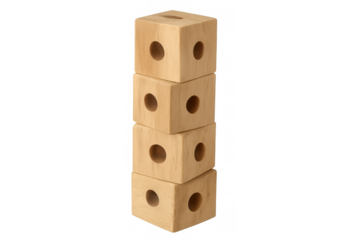 Wooden block tower stack building, perforated wood cubes for education and development, toy structure with transparent background