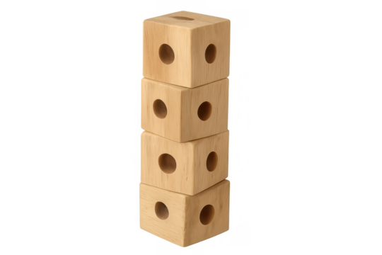 Wooden block tower stack building, perforated wood cubes for education and development, toy structure with transparent background