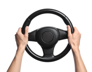Confident hands expertly steer a car's steering wheel, symbolizing control and journey ahead.