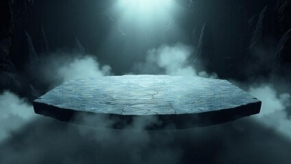 Mysterious glowing alien spacecraft hovering in smoky atmosphere