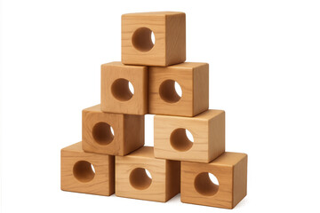 Wooden building blocks creating a pyramid shape, stacked educational toy on transparent background, symbolizing childhood play and development