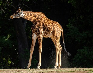 Obraz premium Tall giraffe displaying its patterned coat in a natural environment
