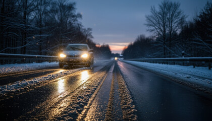 Car driving on snowy winter road at twilight with headlights on