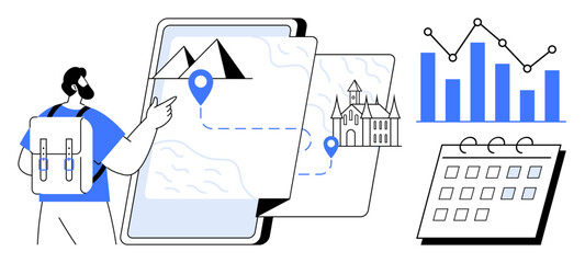 Man with backpack exploring digital map, marked destinations, growth chart, and calendar. Ideal for travel, planning, tourism, analytics, navigation scheduling and organization concepts in simple