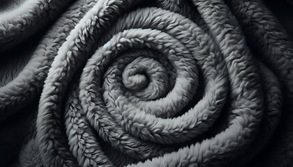 Soft abstract spiral of fluffy texture in monochrome tones, resembling fur or wool. Elegant gray and silver shades. Smooth, luxurious pattern. Tailoring. Studio photo shot for brands and business 