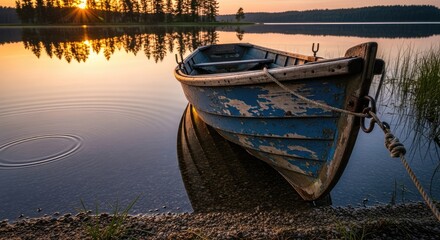 A tranquil sunrise over a serene lake. An old, weathered blue rowboat rests gently on the shore. Calm water reflects the golden light, peaceful scene