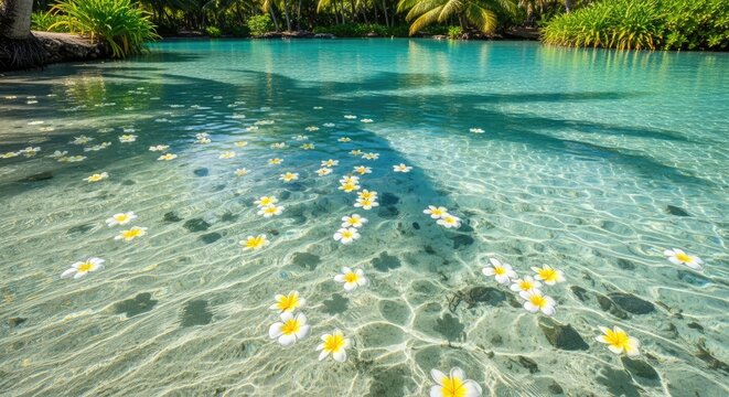 A tranquil turquoise lagoon reflects palm fronds. White and yellow flowers gently float on the crystalline surface. Lush greenery lines the edges, creating a tropical paradise. Sunlight sparkles