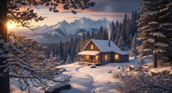 A cozy log cabin nestled in a snowy forest, with mountains in the background during a beautiful sunset. Smoke curls from the chimney, indicating warmth. Footprints lead to the inviting entrance - Powered by Adobe
