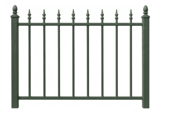 Wrought iron fence boundary element providing security and property partition on transparent background