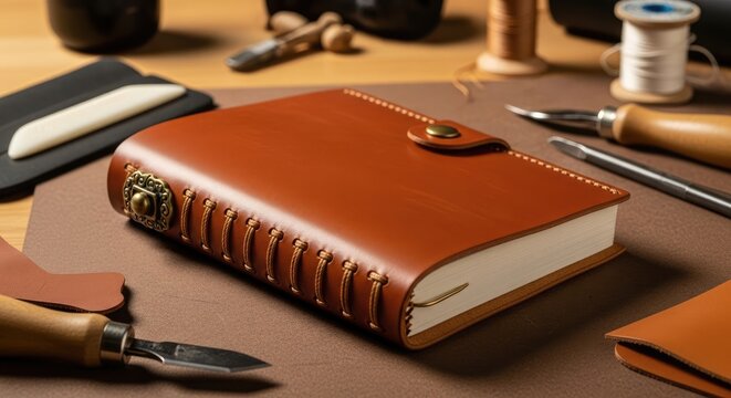 A close-up showcases a handcrafted leather-bound journal with intricate stitching and metal clasp. Crafting tools surround, implying artisan work on a warm, wooden surface