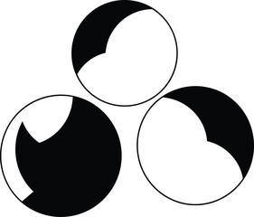 Abstract yin-yang inspired circular icons, three rotated black and white crescents, minimal geometric pattern, vector design, optical illusion, modern logo concept