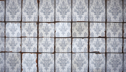 Old gray white rusty vintage shabby damask patchwork tiles stone concrete cement wall texture background. White tone