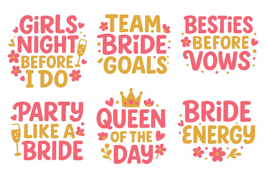 Bachelorette party flat icon set. featuring girls night, team bride, besties, party, queen, and bride energy